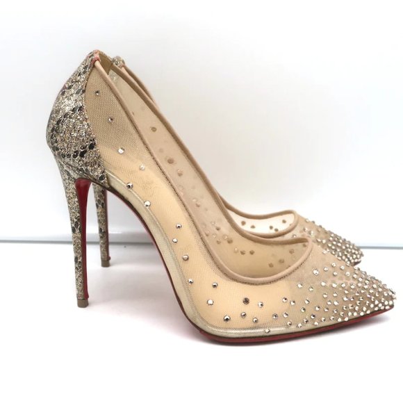 Christian Louboutin Follies Strass 100 Pumps Nude Mesh & Gold Glitter Size 37 - Picture 2 of 12